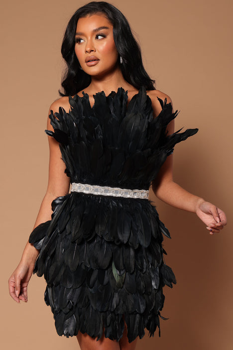 black dress with feathers